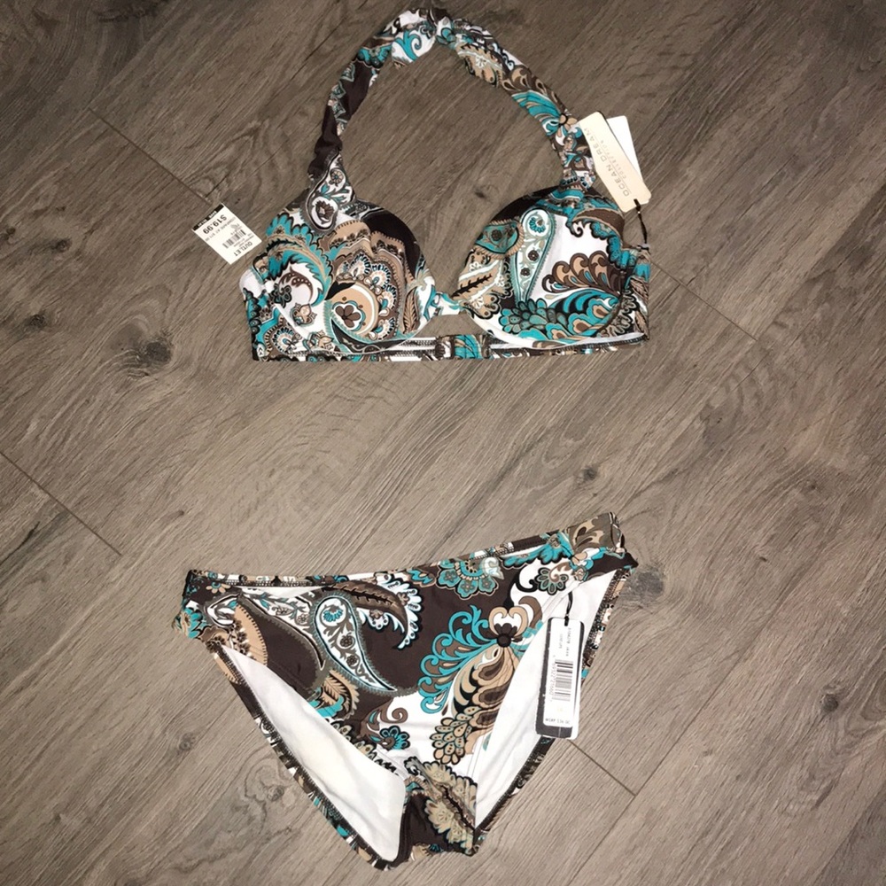Two piece bikini, brown, white, turquoise